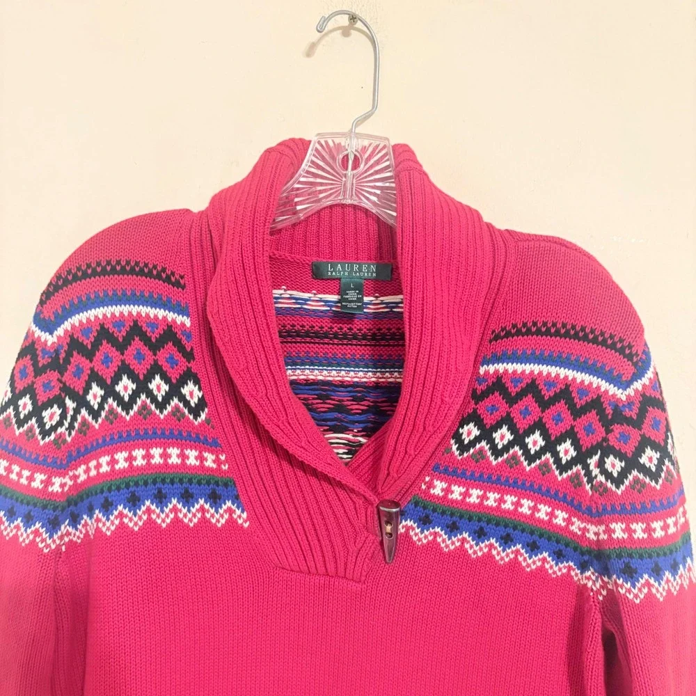 Lauren Ralph Lauren Red Fair Isle Shawl Neck Toggle Sweater L Cotton Mens